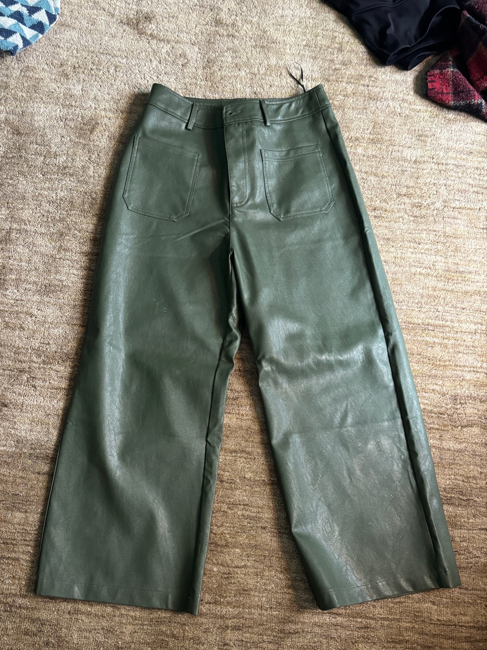 Wide Leg Faux Leather Pants in Olive Green